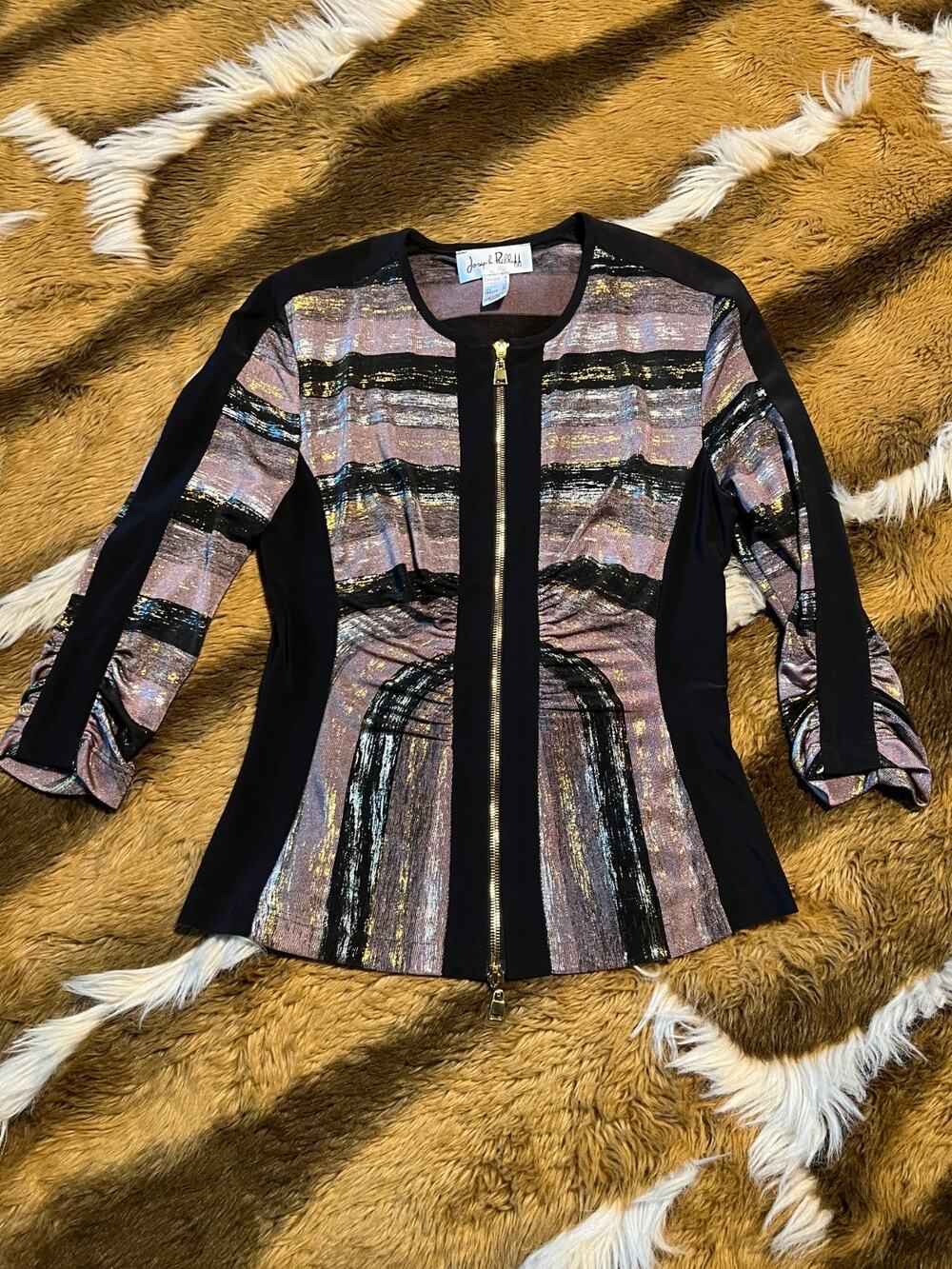 Joseph Ribkoff Metallic Striped Zip Front Top Jacket Size 6 US 36 EU Gold Pink